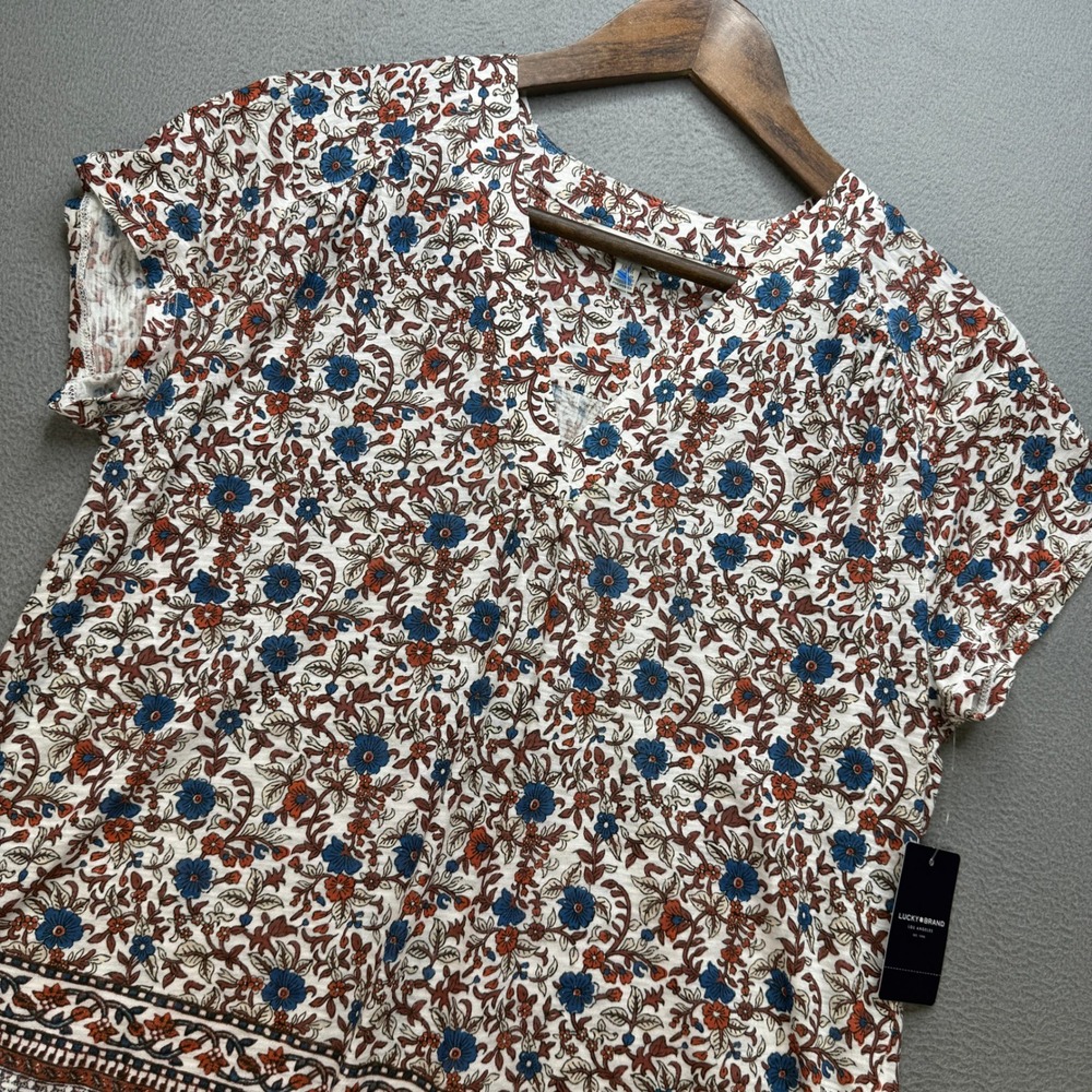 Lucky Brand V-Neck Top Womens Medium Multicolor Floral Paisley Cotton Boho NWT